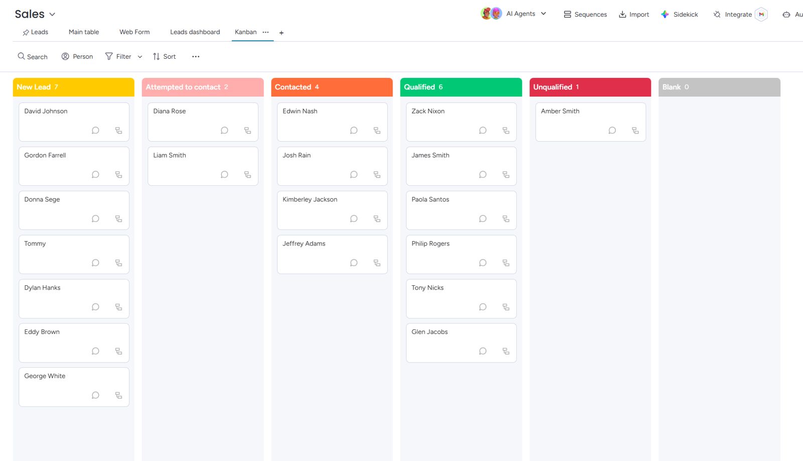 A monday.com CRM pipeline board, with sample data